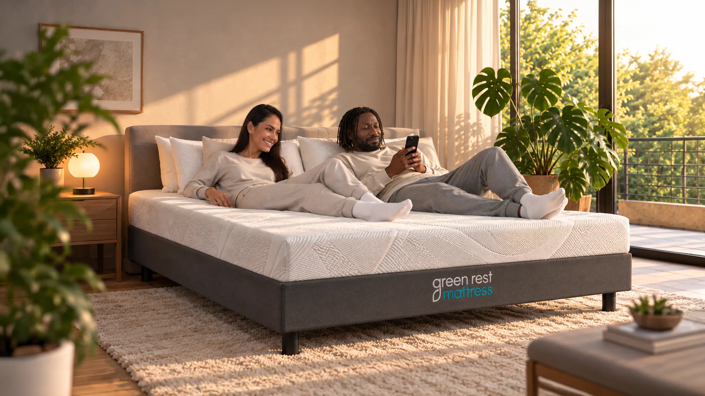 Couple relaxing on a Green Rest therapeutic orthopedic mattress